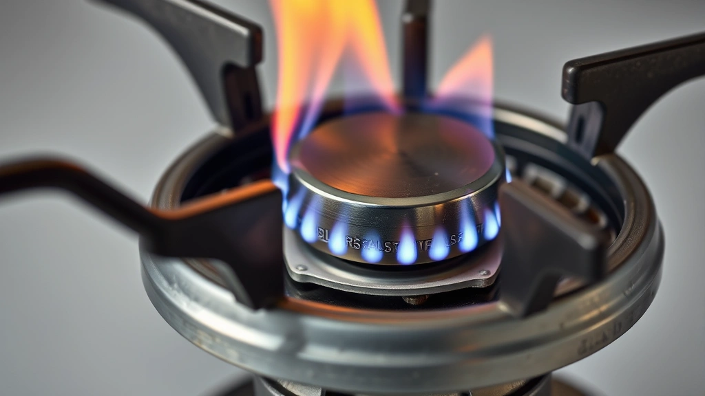 Close-up of efficient propane burner mechanism showing clean combustion with detailed metal components and flame pattern, professional product photography style with neutral background