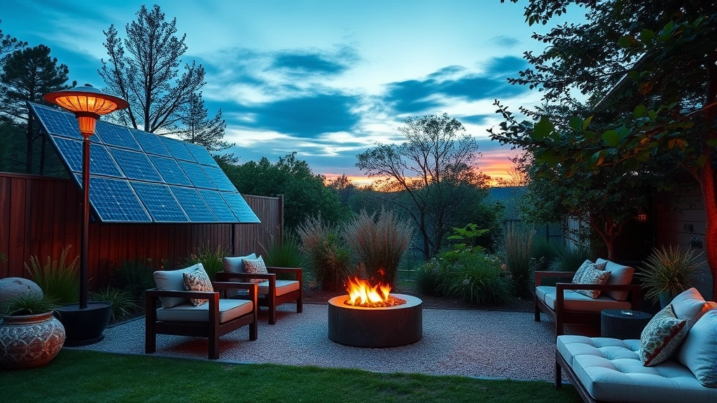 Sustainable outdoor gathering space featuring alternative heating methods including solar panels, bioethanol fire feature, and eco-friendly seating arrangements in natural garden environment at sunset