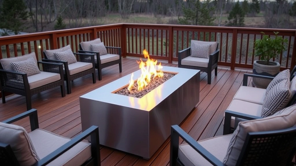 Modern stainless steel gas firepit on a spacious wooden deck surrounded by comfortable outdoor seating furniture, warm flames visible, evening natural lighting, no text or signage