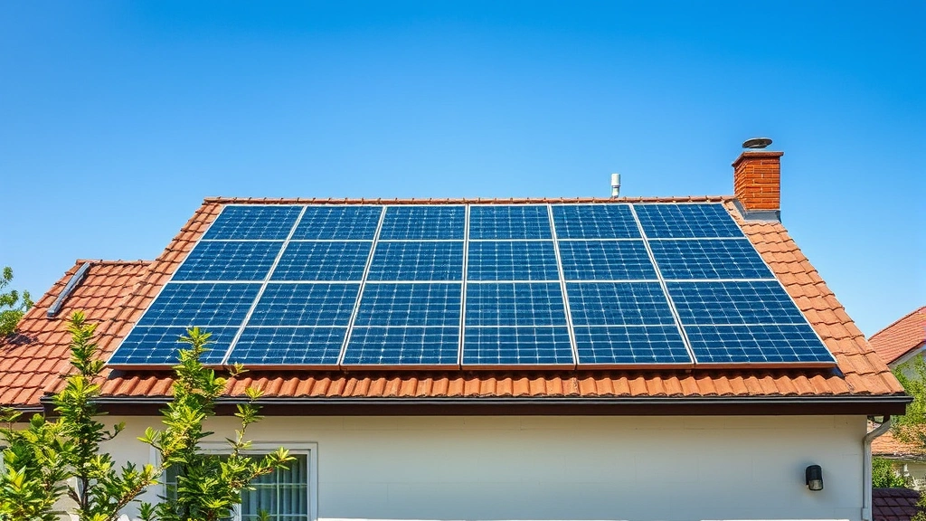 Aerial view of renewable energy solar panels installed on residential rooftop with clear blue sky, photovoltaic cells catching sunlight, sustainable home energy concept, no labels