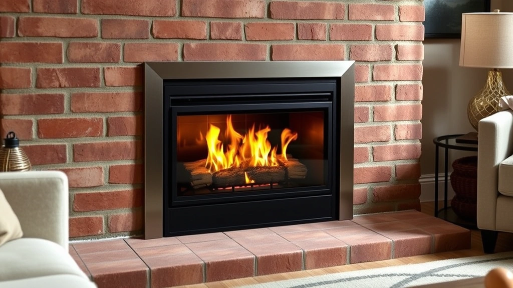 Modern sealed gas fireplace insert with metal housing and glass front installed in brick fireplace, warm orange flames visible inside, professional installation showing venting pipes, cozy living room setting with neutral furnishings, natural daylight from window highlighting efficient heating system design