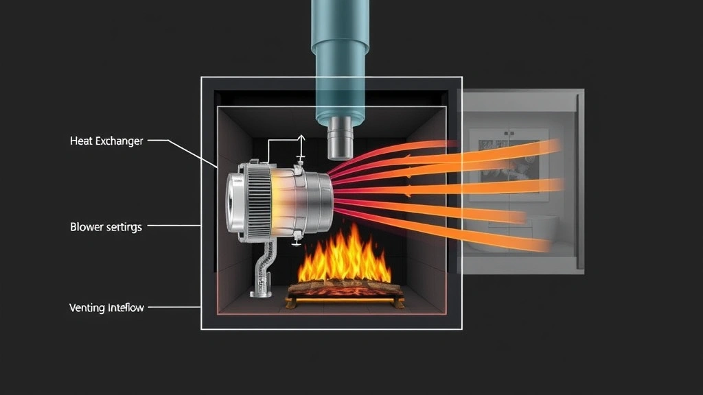 Cross-section technical diagram visualization of gas fireplace insert showing internal heat exchanger, blower mechanism, venting system, and warm air distribution arrows flowing into home interior, clean professional illustration style with emphasis on efficiency components and airflow paths