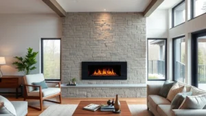 Modern living room with direct-vent gas fireplace installed in stone accent wall, realistic flames glowing, natural daylight from large windows, contemporary sustainable home design, no text or labels visible
