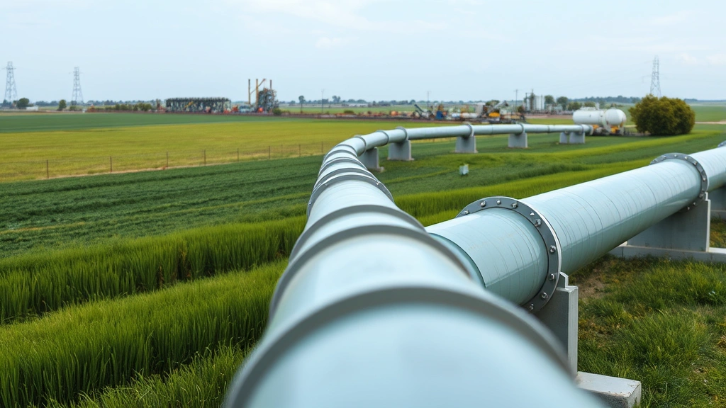 Close-up of natural gas pipeline infrastructure in rural landscape with green fields and trees, industrial equipment in distance, showing fuel extraction and distribution systems, photorealistic, no signage