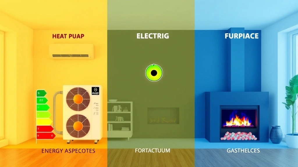 Comparative energy efficiency visualization showing heat pump system, electric heating element, and gas fireplace heating modern home interior with thermal imaging aesthetic, clean professional appearance, no text overlay