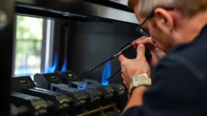Close-up of a professional technician inspecting a gas fireplace burner assembly with specialized tools, blue flame visible, natural lighting through a home window, detailed focus on burner components and safety equipment