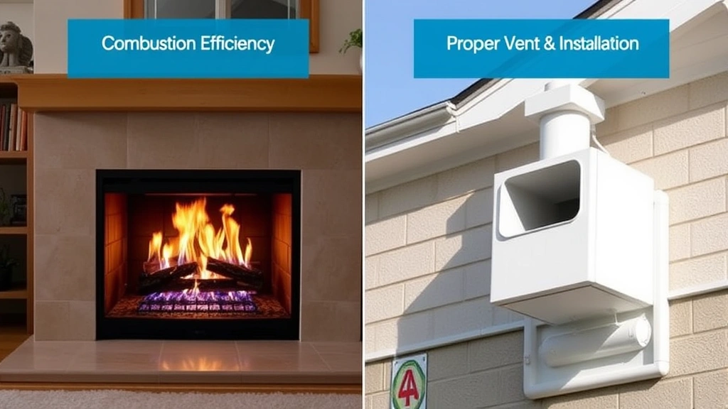 Split-screen showing clear blue gas fireplace flames on left side and proper exterior vent installation on right, residential home setting, natural daylight, showing combustion efficiency and ventilation system