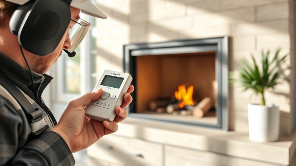 Technician holding a carbon monoxide detector near a gas fireplace vent opening, modern home interior, daylight streaming through windows, demonstrating safety equipment and professional inspection practices
