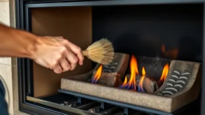 Close-up of a professional technician cleaning the interior burner assembly of a gas fireplace with a soft brush, showing meticulous maintenance work in a home setting