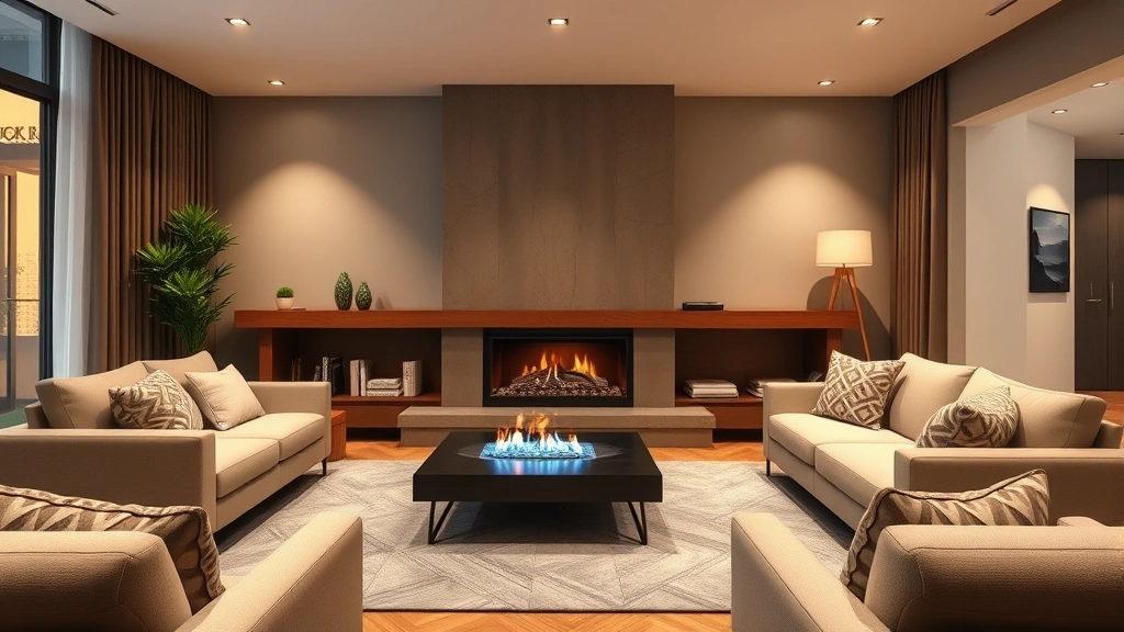 Panoramic view of a modern living room with a well-maintained gas fireplace operating with a clean blue flame, comfortable furniture arranged for optimal heat circulation