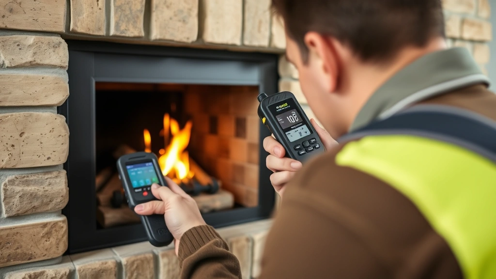 Detailed shot of a technician using a calibrated carbon monoxide detector near a gas fireplace vent opening, demonstrating professional safety inspection procedures