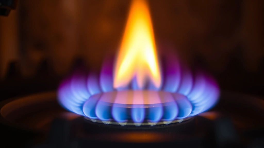 Close-up of a blue and yellow gas pilot flame burning steadily inside a fireplace, showing clean combustion with natural lighting and realistic flame detail, no text or labels visible