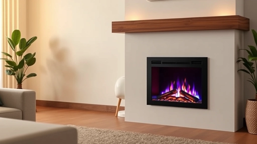 Modern electric fireplace insert glowing with realistic LED flames in a contemporary living room with sustainable wooden mantel, warm ambient lighting reflecting on the wall, no text or branding