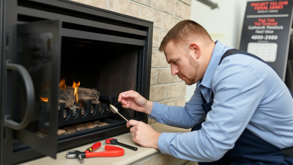 Professional technician examining and maintaining a fireplace pilot light assembly with tools, demonstrating maintenance procedures for gas fireplace efficiency, neutral background without signage