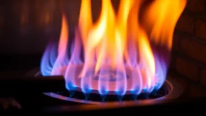 Close-up of blue flames in a modern gas fireplace burner, showing healthy combustion with detailed flame patterns and heat distribution, warm lighting, professional photography, no labels