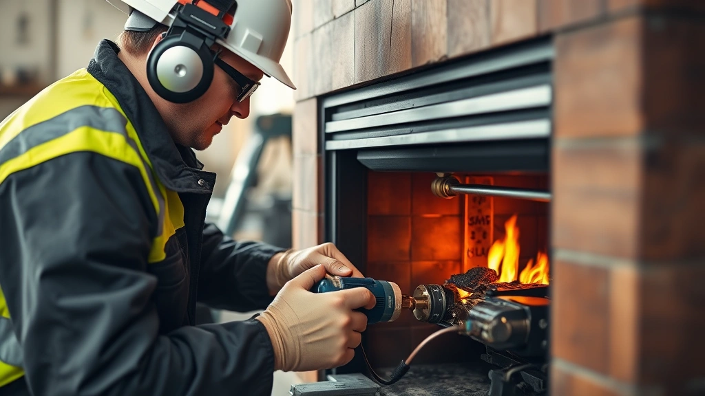Technician in safety gear inspecting gas fireplace thermocouple and internal components with diagnostic tools, hands-on maintenance work, natural workshop lighting, detailed mechanical focus