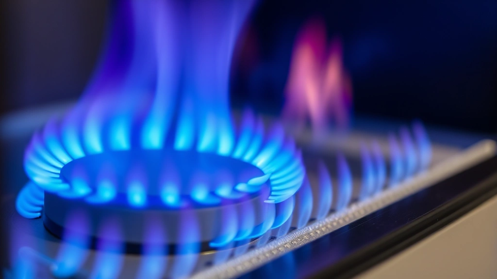 Close-up of a gas fireplace burner with blue flames burning cleanly, showing proper combustion and flame color, modern fireplace interior detail