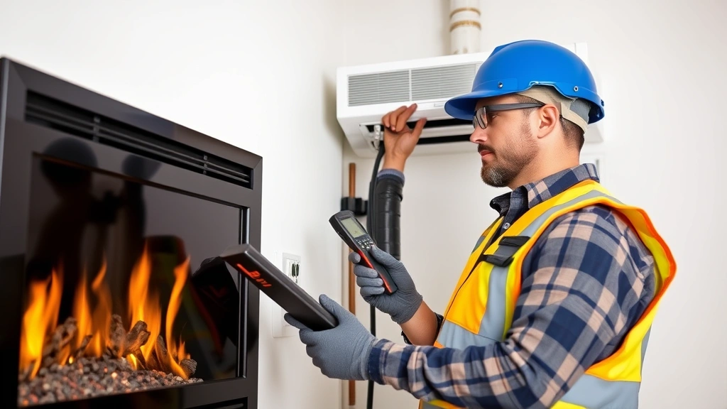 Professional HVAC technician in safety gear inspecting a wall-mounted gas fireplace unit, holding diagnostic tools, checking venting and connections