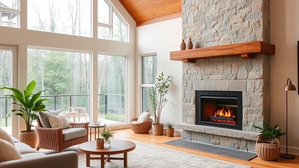 Eco-friendly home heating setup showing a gas fireplace as supplemental heat alongside large windows with natural light and sustainable home design elements