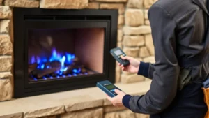 Professional HVAC technician in work uniform inspecting blue flame inside modern gas fireplace insert, holding diagnostic meter, warm home interior background with stone fireplace surround
