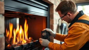 Professional technician performing annual maintenance inspection on gas fireplace burner assembly, checking flame color and combustion efficiency with specialized tools, clean workshop environment, natural lighting