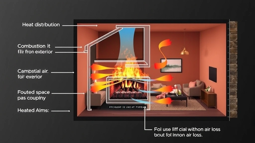 Cross-section diagram visualization of efficient direct-vent gas fireplace showing heat distribution, combustion air flow from exterior, and heated air circulation through living space without indoor air loss
