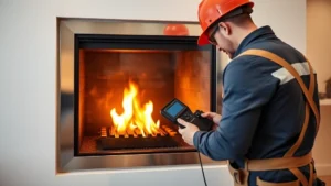 Professional HVAC technician in safety gear inspecting a modern gas fireplace burner assembly, holding diagnostic equipment, warm lighting reflecting off the glass doors