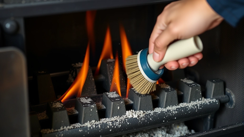 Close-up of hands cleaning the interior burner components of a gas fireplace with specialized brushes and tools, showing dust and debris removal