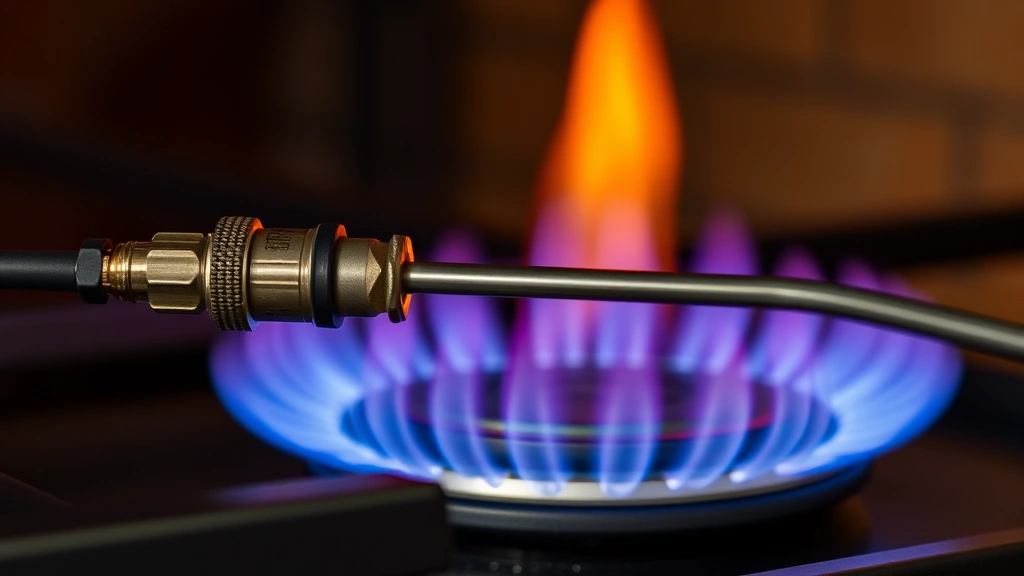 Close-up of a clean gas fireplace pilot light with bright blue flame and thermocouple probe positioned directly in flame, showing proper alignment and heat contact, professional HVAC equipment photography