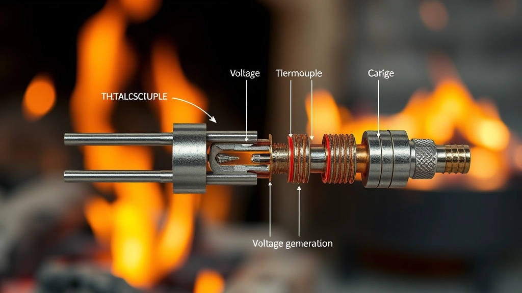 Cutaway technical diagram view of thermocouple components showing metal junction points and voltage generation, with soft focus fireplace background, educational demonstration photography