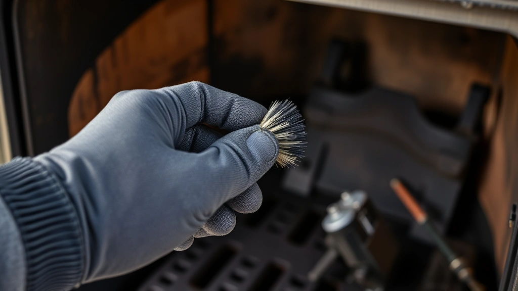 Hand wearing protective glove carefully cleaning black carbon soot from thermocouple probe using soft-bristled brush, fireplace interior visible, demonstrating proper maintenance technique in natural lighting