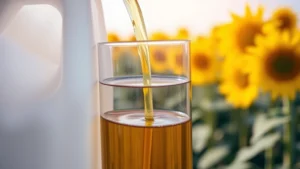 Biodiesel fuel being poured into a clear container, showing amber-colored liquid, with sunflower field blurred in background, photorealistic natural lighting, sustainable energy concept