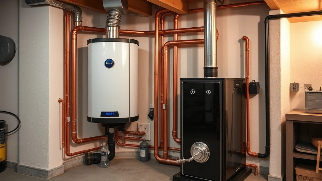 Modern residential heating system with biodiesel burner installed, showing copper pipes and equipment, clean basement setting, professional installation aesthetic, warm ambient lighting