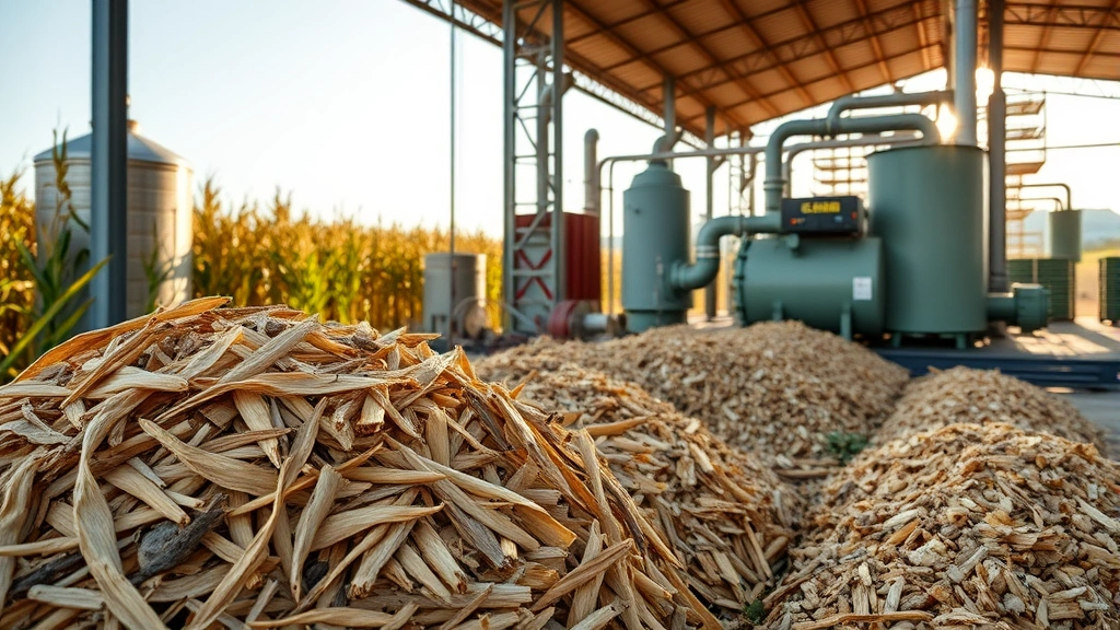 Agricultural waste and biomass materials—corn stalks, wood chips, plant residue—in sustainable biofuel production facility, outdoor setting with processing equipment visible in soft daylight