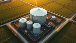 Aerial view of agricultural biogas digester facility surrounded by green fields, with storage tanks and piping infrastructure, late afternoon golden light, showing sustainable farm energy production