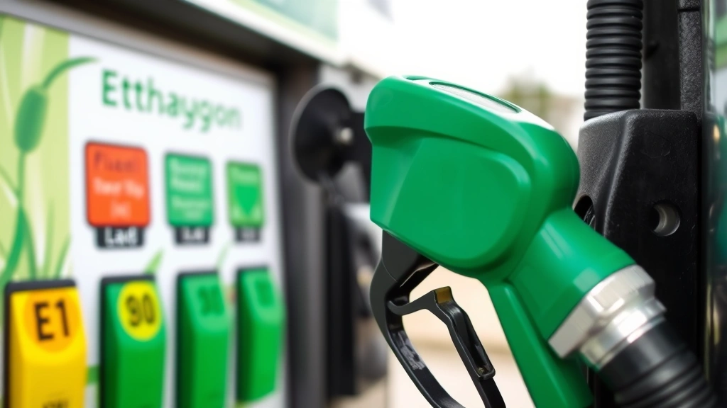 Close-up of ethanol fuel pump nozzle at gas station with green eco-friendly branding visible, showing alternative fuel option for lawn equipment