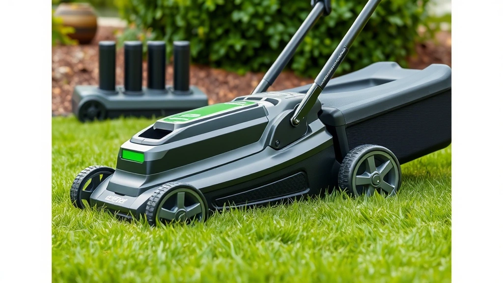 Modern battery-powered cordless lawn mower sitting on lush green grass with charging dock in background, demonstrating electric lawn care equipment