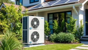Modern residential heat pump unit installed outside contemporary home with green landscaping and solar panels on roof, professional installation visible, bright daylight