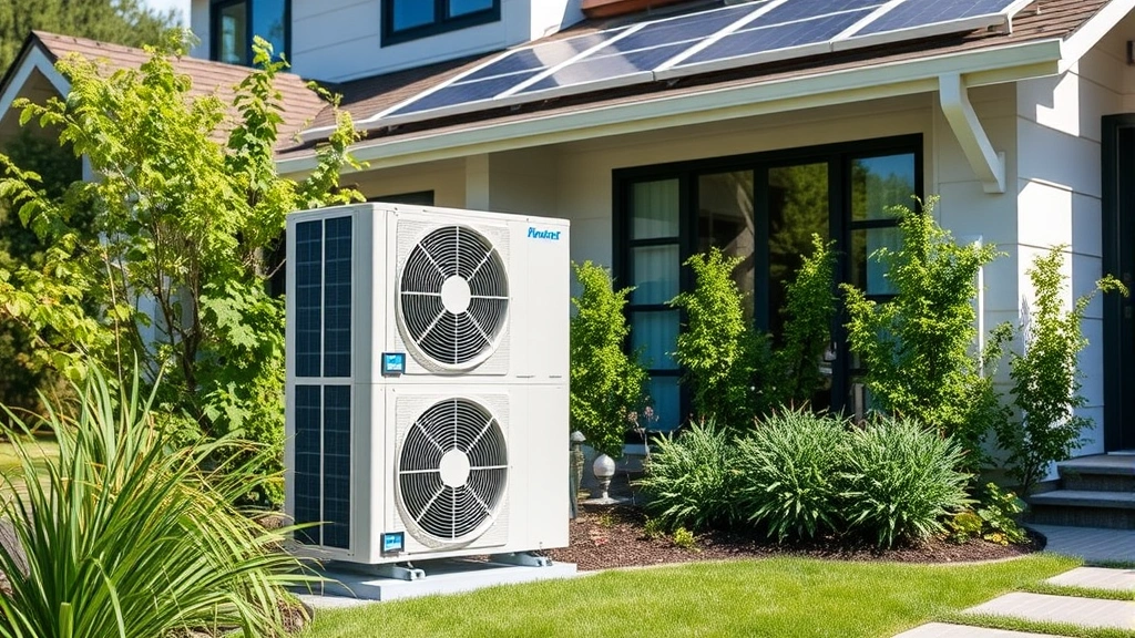 Modern residential heat pump unit installed outside contemporary home with green landscaping and solar panels on roof, professional installation visible, bright daylight