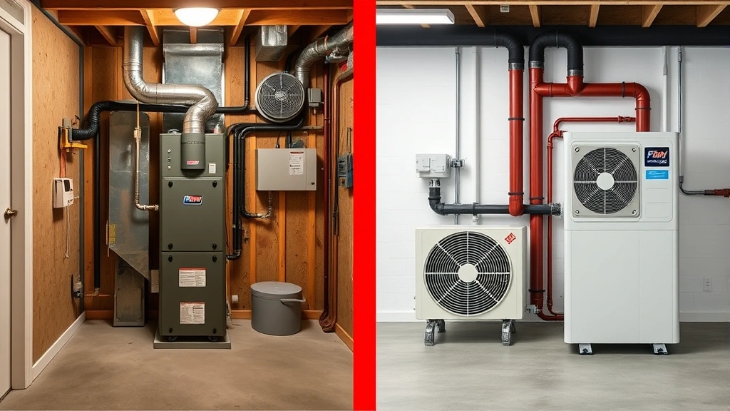 Comparison split-screen showing traditional gas furnace in utility room on left side versus modern heat pump system on right side, clean technical setting