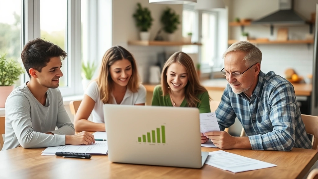 Family reviewing energy bills and sustainability documents at kitchen table with laptop showing green energy calculator, natural lighting through windows