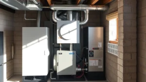 Modern high-efficiency condensing furnace interior showing heat exchanger and advanced components in a residential basement installation, natural lighting, technical detail without labels