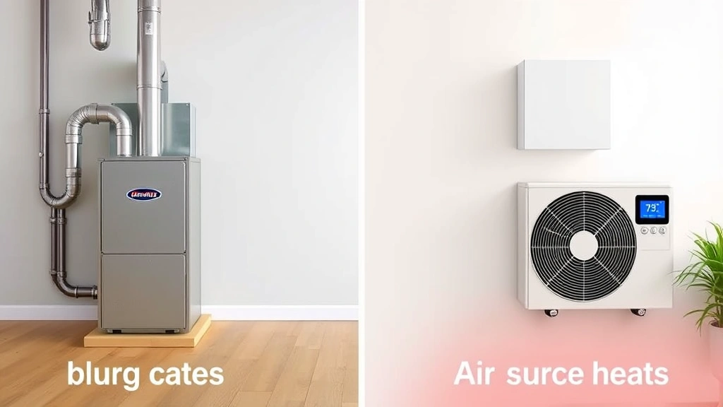 Comparison scene showing residential heating alternatives: efficient gas furnace, air source heat pump unit outdoors, and smart thermostat display on wall, clean modern home setting