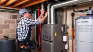 Professional HVAC technician installing a new high-efficiency gas furnace in a basement utility room with modern equipment and safety gear visible