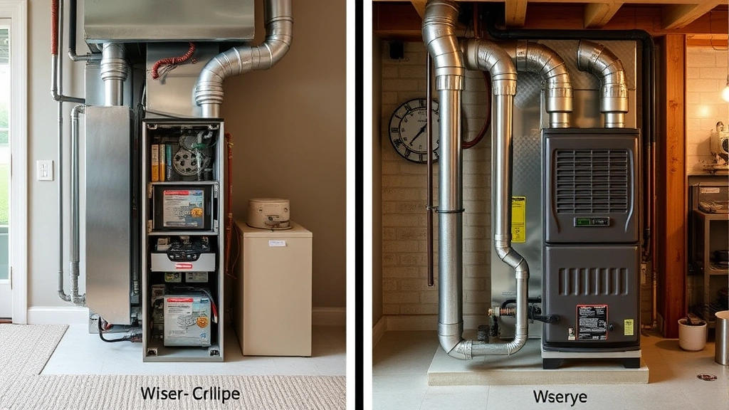 Cross-section comparison showing modern efficient furnace components next to older outdated heating system in residential home setting
