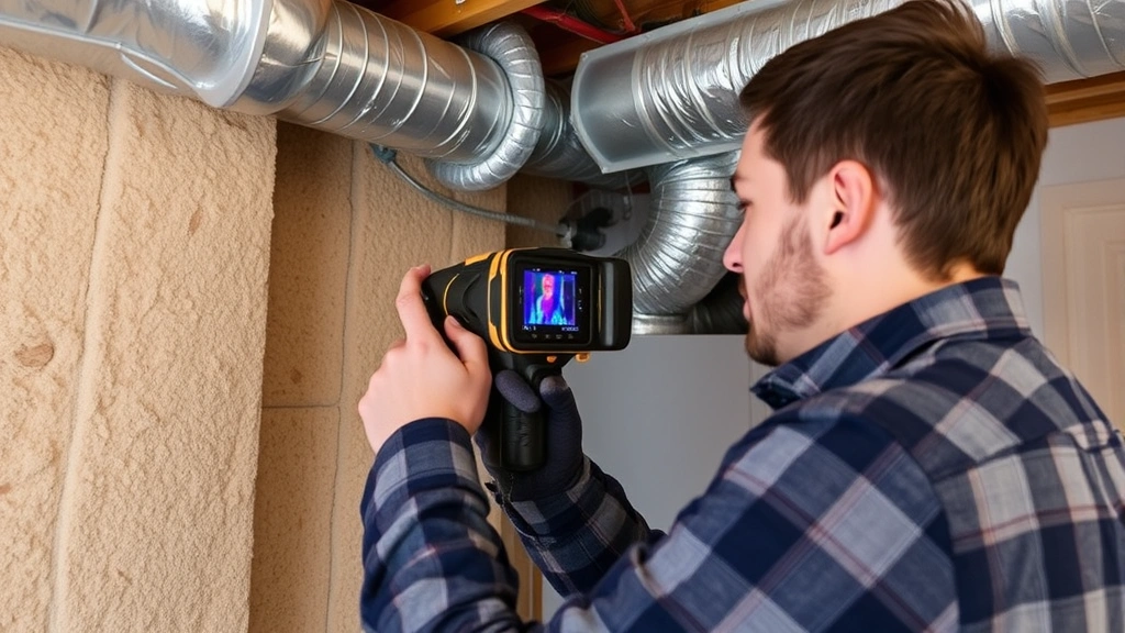 Energy audit technician using thermal imaging camera to inspect ductwork and insulation around residential HVAC system for efficiency testing