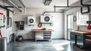 Modern residential garage interior with professional workbench, showing installed electric heat pump unit mounted on wall, stainless steel fixtures, concrete floor, natural light from window, clean minimalist design, sustainable heating technology visible