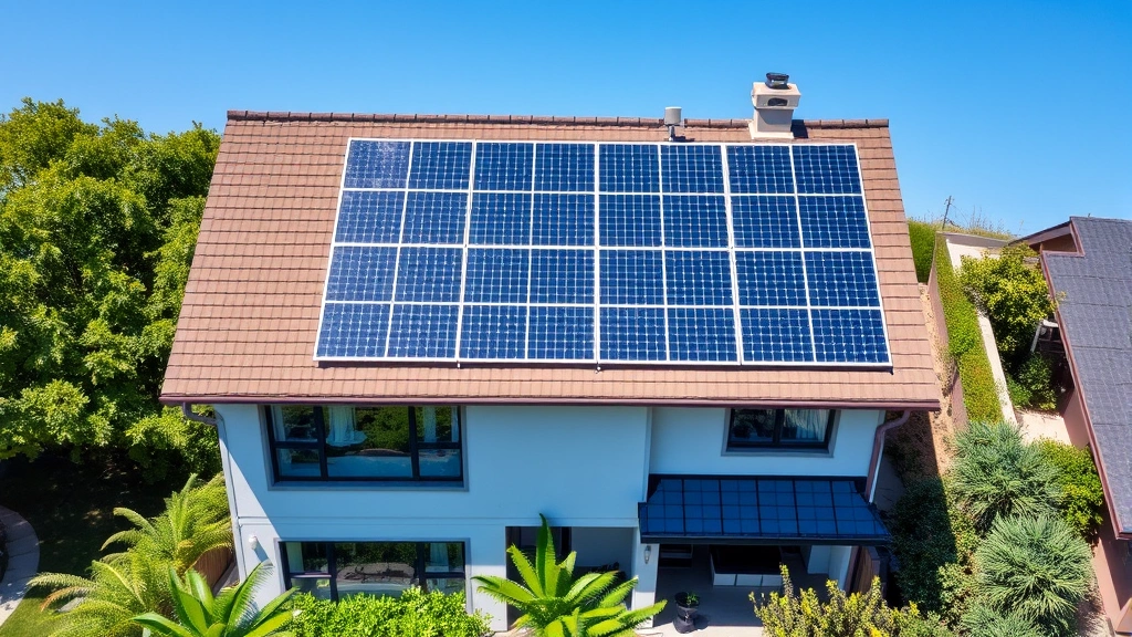 Aerial view of residential rooftop with solar panel array installed, modern suburban home below, green vegetation surrounding property, blue sky, demonstrating renewable energy integration for home heating systems