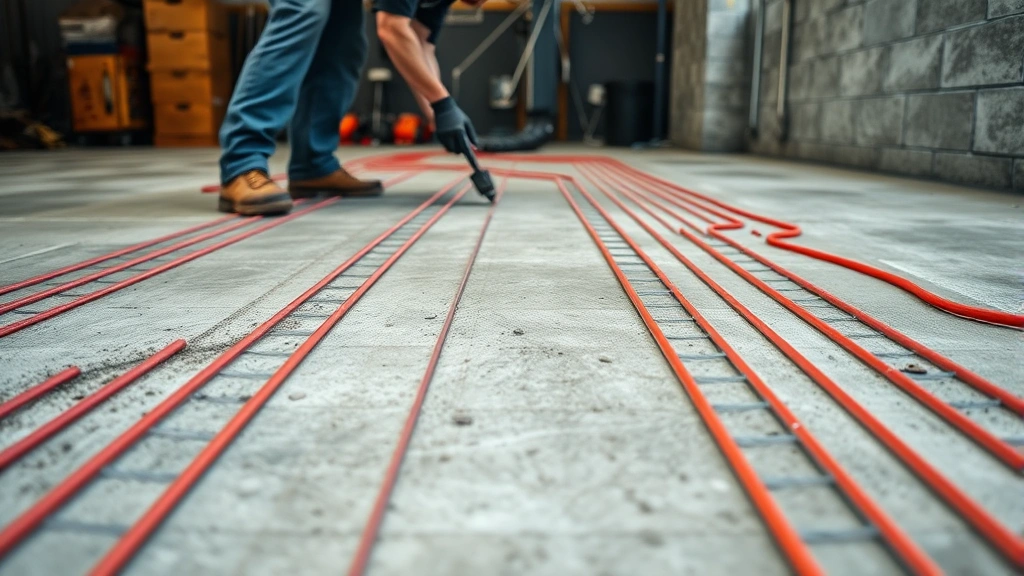 Close-up of radiant floor heating system being installed in garage, showing heating cables embedded in concrete, worker preparing installation, technical precision, modern sustainable infrastructure, industrial-style garage space