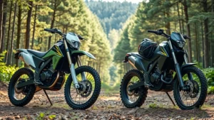 Professional side-by-side comparison of gas and electric dirt bikes on natural terrain, showcasing modern electric motorcycle design with minimalist aesthetic and traditional gas bike, surrounded by green forest environment, natural lighting emphasizing eco-friendly contrast